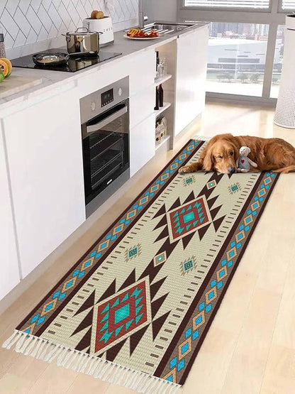 Boho Southwestern Kitchen Hallway Runner Rug 2X5 Ft Carpet, Washable Woven Aztec Abstract Geometric Throw Carpet with Tassel, Non-Shedding Vintage Native American Patterned Entryway Laundry Rugs