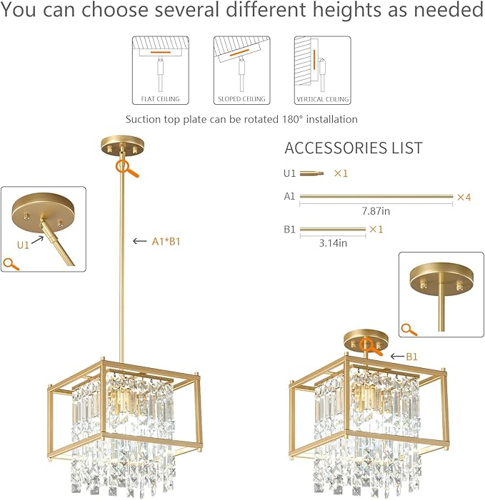LMQNINE Modern Foyer Chandelier, Black Crystal Chandelier Entryway Light Fixture, Square Adjustable Height Chandeliers for Kitchen Island, L11.81'' x H7.87''