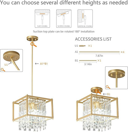 LMQNINE Modern Foyer Chandelier, Black Crystal Chandelier Entryway Light Fixture, Square Adjustable Height Chandeliers for Kitchen Island, L11.81'' x H7.87''