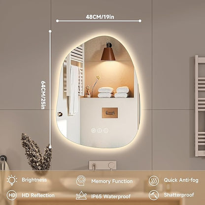 Hasipu Irregular Wall Mirror with Lights- 25"x19"Smart Vanity Mirror with Anti-Fog, 3 Color Modes,Dimmable Light, Memory Function, Backlit Wall Mount, Horizontal/Vertical