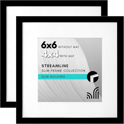 Americanflat 6x6 Picture Frame with Shatter-Resistant Glass - Set of 2 - Use as 4x4 Frame with Mat or Display 6x6 Photo Without Mat - Streamline Collection - Square Frames for Tabletop or Wall - Black