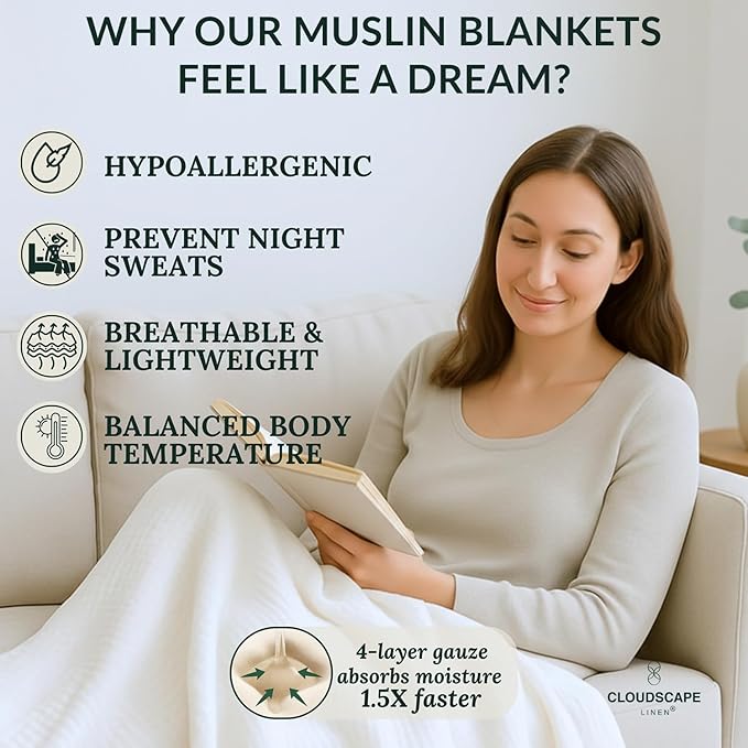 Luxury 100% Cotton Muslin Throw Blanket, 4 Layer Extra Large 50x70in, Perfect for Couch, Sofa, Home Decor, Soft Cotton Gauze Travel Blanket, Winter Cozy Throw, All Season White