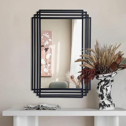 Rectangle Vanity Mirror, 24"x36" Geometric Wall Mirror with Black Metal Frame, Modern Elegant Art Mirrors for Living Room Bathroom Bedroom Entryway Hallway, Hangs Vertically or Horizontally