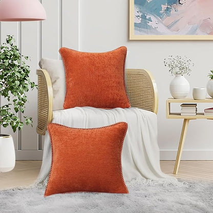 decorUhome Spring Chenille Soft Throw Pillow Covers 18x18 Set of 2, Farmhouse Velvet Neutral Decorative Pillow Covers with Stitched Edge for Couch Sofa Bed Home Decor, Rust