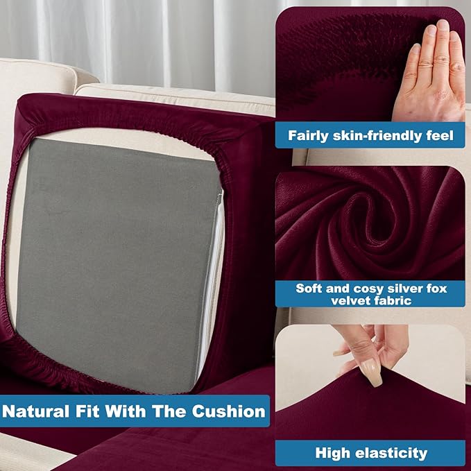 Couch Cover Stretch Velvet Sofa Cushion Cover 3-Piece - Elastic Washable Slipcover for Seat or Backrest, Couch Seat Covers for Sofas (Wine)