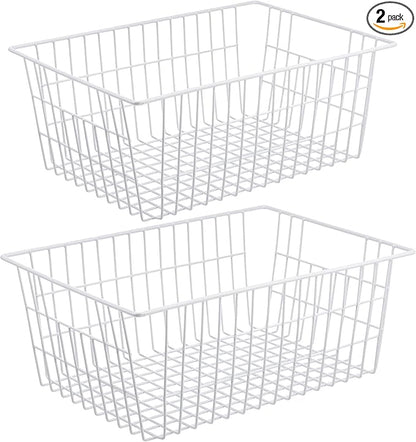 Redrubbit Wire Storage Baskets, Large Farmhouse Metal Freezer Basket Storage Organizer Bins with Handles for Kitchen Cabinets, Pantry, Closets, Bedrooms, Bathrooms, Set of 2, White