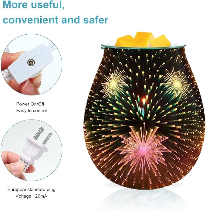 3D Glass Wax melt Warmer,Electric melt Burner,Romantic Aroma Warmer for Essential Oils Burner & Premium Wax Melts Burner.(Fireworks)