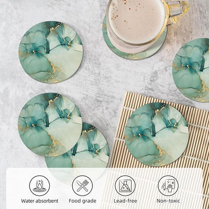 6 Pcs Ceramic Coasters with Holder Absorbent Drink Round Blue Green Jade Texture Marble with Golden Design for Home Table Coffee Cup Wine Beer Bar,Size 4.4 inches