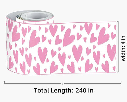 FLFK Pink Heart Wallpaper Border - Peel and Stick Wall Paper, Self Adhesive Removable PVC Borders Sticker, Modern Waterproof Trim for Home Decor, 4" x 240"