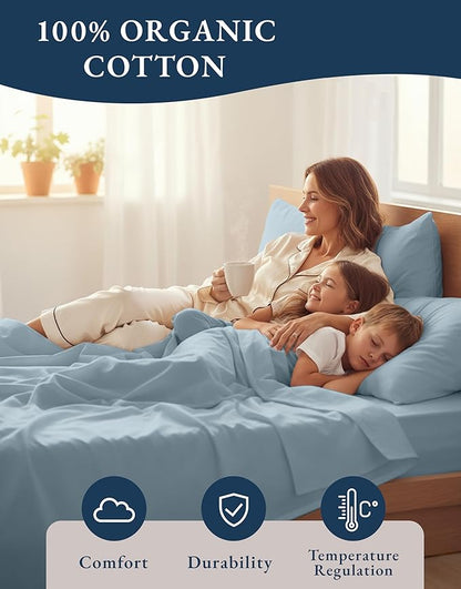 LANE LINEN 100% Organic Cotton Eco Friendly Sustainably Produced Queen Sheets Set, Low Pill Fade Resistant Machine Wash Fully Elasticized Cotton Bedding Queen Set- French Blue