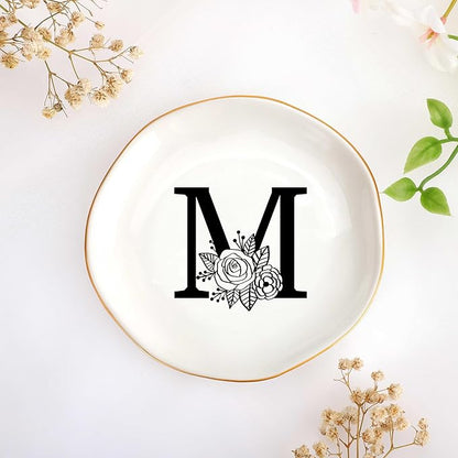 JoycuFF Initial M Ceramic Jewelry Tray, Bridesmaid Bride Gifts, Engagement Birthday Best Friend Mom Grandma Sister Gifts for Women, Trinket Dish for Rings Earrings Necklaces Bracelets Keys
