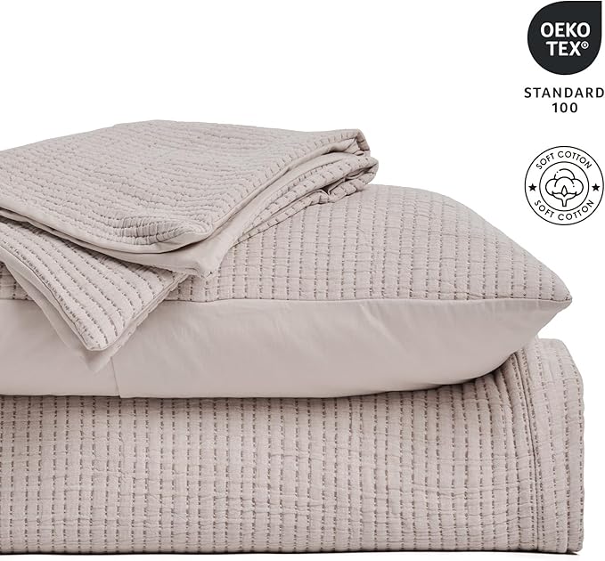EVERGRACEHOME Cotton Gauze King Bedspread, Ultra Soft Prewashed Pick Stitch Matelassé Coverlet, Lightweight Oversized King Quilt Bedding Set for All Season, w/ 2 Shams, Rosette Beige reverses White