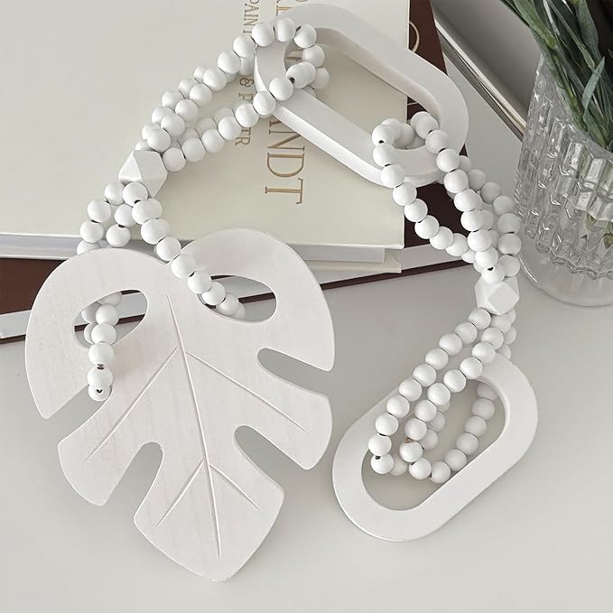 Unique Wood Beads with Chain Link and Leaf, Decorative Beads Home Decor, Knot Beaded Garland Decor, Housewarming Gift, White