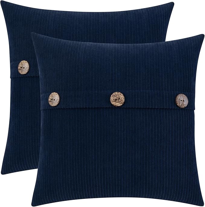 HWY 50 Navy Blue Chenille Throw Pillow Covers 16x16 Inch with Triple Buttons, Soft Farmhouse Accent Decorative Cushion Cases for Couch Sofa Bed Living Room Pack of 2