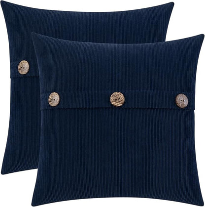 HWY 50 Navy Blue Chenille Throw Pillow Covers 16x16 Inch with Triple Buttons, Soft Farmhouse Accent Decorative Cushion Cases for Couch Sofa Bed Living Room Pack of 2