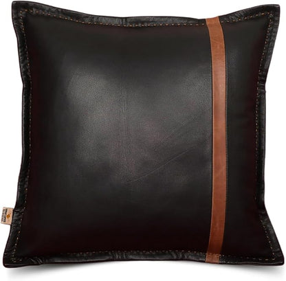 Genuine Lambskin Leather Pillow Cover, 18x18 Inch Case for Lumbar Throw Couch Pillows, Thick & Soft Cushion Covers for Sofa Bed Home Décor (Black & Tan Box Pack of 1)