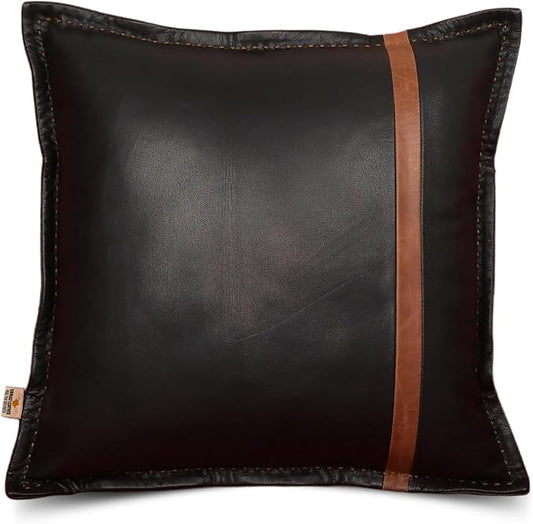 Genuine Lambskin Leather Pillow Cover, 22x22 Inch Case for Lumbar Throw Couch Pillows, Thick & Soft Cushion Covers for Sofa Bed Home Décor (Black & Tan Box Pack of 1)