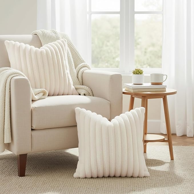 decorUhome Faux Fur Spring Throw Pillow Covers 26x26 Set of 2, Decorative Soft Plush Striped Neutral Couch Euro Sham Pillow Covers with Velvet Back for Sofa, Bed, Living Room Home, Cream White
