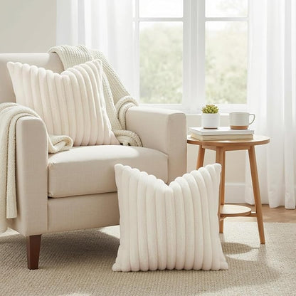 decorUhome Faux Fur Spring Throw Pillow Covers 26x26 Set of 2, Decorative Soft Plush Striped Neutral Couch Euro Sham Pillow Covers with Velvet Back for Sofa, Bed, Living Room Home, Cream White