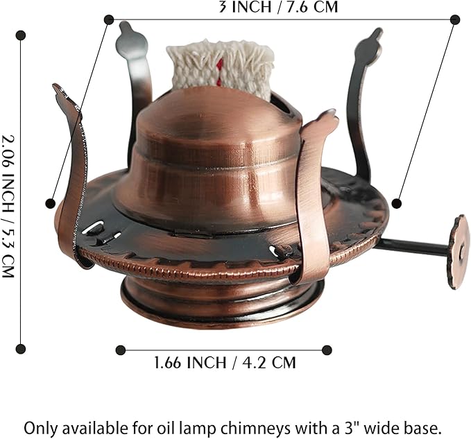 Oil Lamp Burner #2 Size Bronzy Plated Burner for Antique Lamps Oil Lamp Replacement Kerosene Lamps Parts with Reduction Collar and Cotton Lamp Wick Fits Holds a 3 Inch Base Chimney