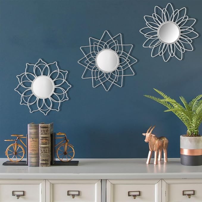Silver Mirrors for Wall, 9 inch Metal Flower Mirrors Home Christmas Decoration, Christmas Wall Art Decorative Mirror Small Mirror for Living Room Bedroom, Entrance Set of 3