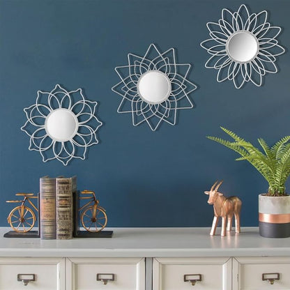 Silver Mirrors for Wall, 9 inch Metal Flower Mirrors Home Christmas Decoration, Christmas Wall Art Decorative Mirror Small Mirror for Living Room Bedroom, Entrance Set of 3