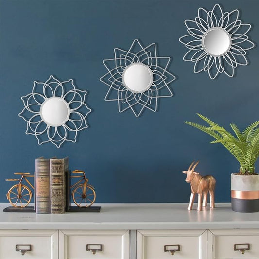 Silver Mirrors for Wall, 9 inch Metal Flower Mirrors Home Christmas Decoration, Christmas Wall Art Decorative Mirror Small Mirror for Living Room Bedroom, Entrance Set of 3