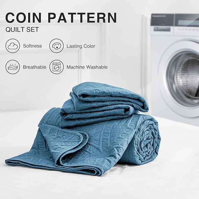 Love's cabin Quilts for Queen Bed Misty Blue Bedspreads Bedding Set - Lightweight Bedspread Comforter - Coin Pattern Bedding Coverlet for All Season - 3 Pieces (1 Quilt, 2 Pillow Shams)