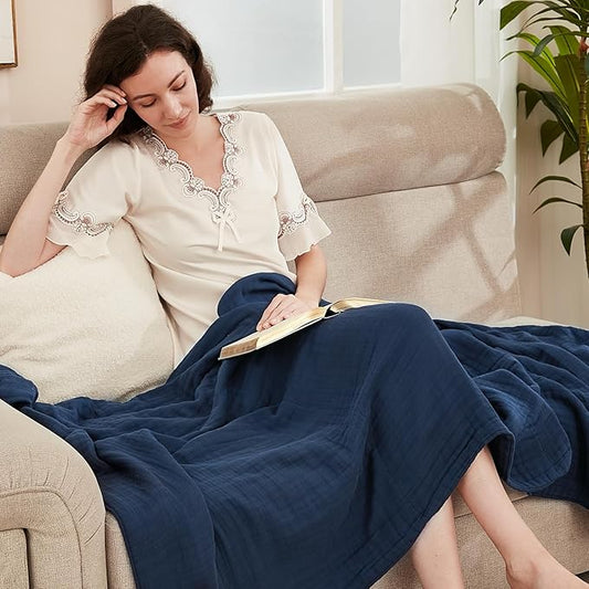 EMME Muslin Blanket 100% Cotton Twin Blankets for Couch Breathable Gauze Blanket All Season Soft and Lightweight Pre-Washed (Navy, 60"x80")