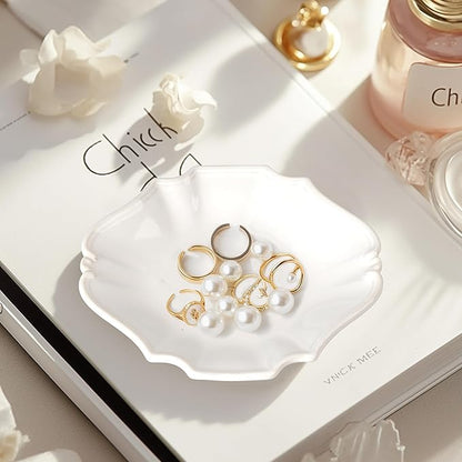Ceramic Jewelry Dish, Decorative Tray for Rings Earrings Necklaces Bracelet Watch Keys, 4.50" Trinket Tray as Gifts for Women (White Court)