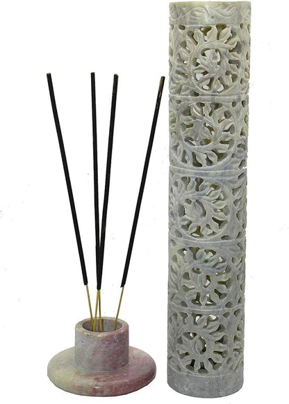 Carry Me Marble Soapstone Incense Stick Holder | Candle Burner | Tea Light Holder - Perfect Handmade Floral Carving for Gifting. Decorative Home and Office Decor.(3 x 3 x 11 Inches)