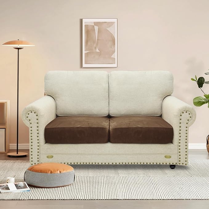 MAXIJIN Velvet Stretch Seat Cushion Covers Couch Cushion Cover for Individual Cushions Sofa Seat Cushion Slipcovers with Elastic Bottom (2 Piece Sofa Cushion Covers, Dark Coffee)