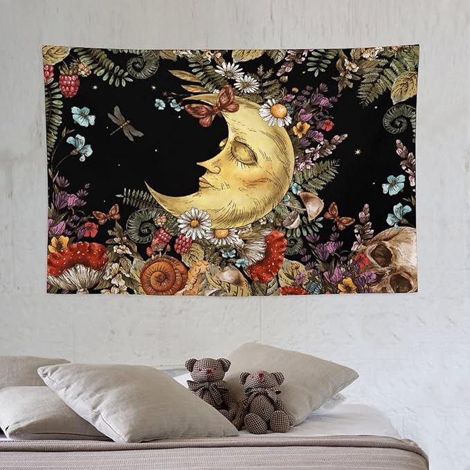 Boho Moon Tapestry Wall Hanging,Vintage Sun and Moon Skull Hippie Mushroom Floral Plant Tapestries for Dorm Living Room Bedroom Decor(40"x60")