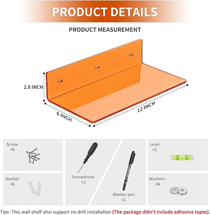 Sezanrpt 12 Inches Small Orange Wall Shelves Set of 2, Acrylic Floating Shelf for Bedroom, Living Room, Funko Pop Shelves, Smart Speaker, 2 Pack