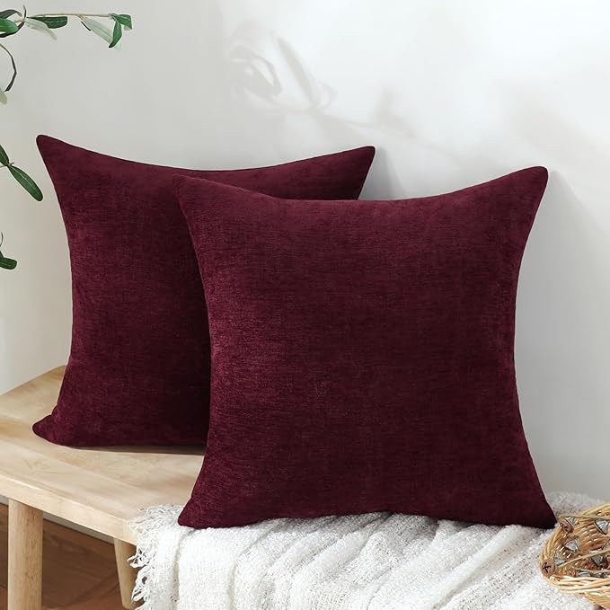 Jeneoo Burgundy Red Decorative Throw Pillow Covers Soft Chenille Comfy Square Couch Cushion Cases for Living Room Sofa Decor (Set of 2, 20 x 20 Inches)