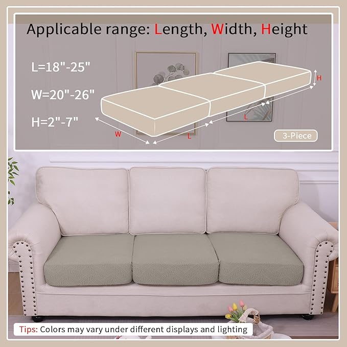 hyha Waterproof Couch Cushion Covers, Waterproof Sectional Couch Covers for 3 Cushion Sofa for Pets, Stretch Sofa Slipcover Washable with Elastic Bottom(3 Packs, Taupe)