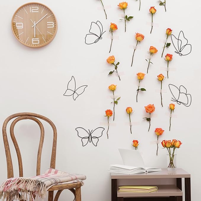 Hotop 6 Pieces Metal Butterfly Wall Decor Metal Wall Art Heart Hanging Decorations Wire Flowers Decals Decor for Kitchen Bathroom Indoor Outdoor Wedding Birthday Party (Classic,Black)
