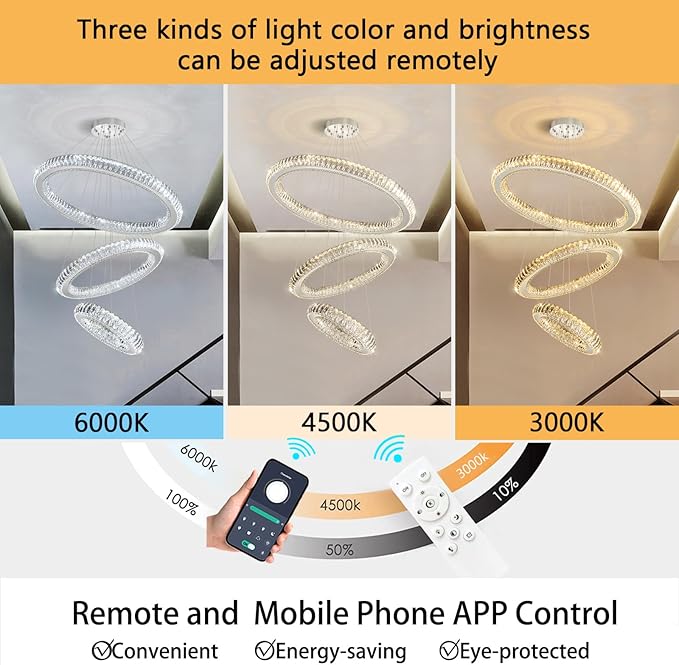 3 Rings Chandelier Modern Dimmable High Ceiling Large Ring Chanderliers Entryway Crystal Pendant Lights for Entryway Foyer Living Room Silver Light