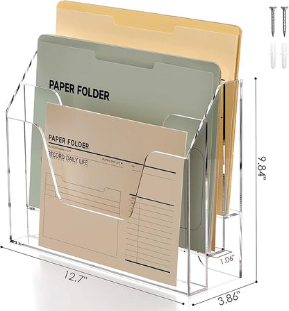 Wall Hanging File Folder Organizer for Desk, 3-Tier Acrylic Magazine Rack Wall Mount File Holder, Clear Paper Document Office Organizer - 1 Pack