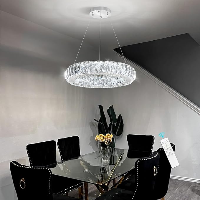 Modern Chandelier Crystal LED Dimmable Ring Pendant Lights Adjustable Hanging Lighting Chandeliers Fixtures for Dining Room Bedroom Kitchen Island Table Silver Light