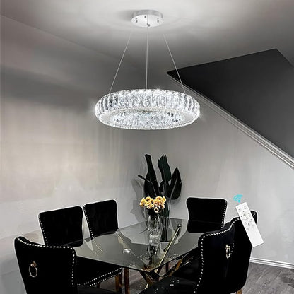 Modern Chandelier Crystal LED Dimmable Ring Pendant Lights Adjustable Hanging Lighting Chandeliers Fixtures for Dining Room Bedroom Kitchen Island Table Silver Light