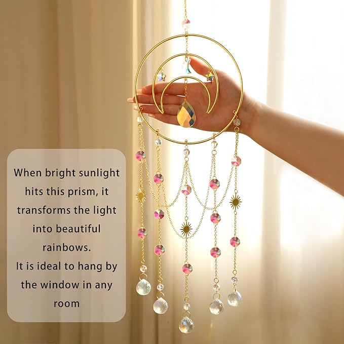 Artilady Suncatcher,Moon Sun Catcher-Large Prism Suncatcher Crystal Wind Chimes for Window Boho Home Garden Backyard Room Ceiling Charming Decor Christmas Birthday Handmade Gift for Women