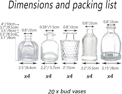 Bud Vases in Bulk - Small Glass Vase Set of 20 Different Shape Vintage, Mini Vases Clear for Flowers, Table, Wedding, Centerpieces, Home Decor