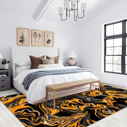 Abstract Orange Black Rug 6x9 Large Area Rugs Fluid Swirl Stripes Rugs Non Slip Non Shedding Print Washable Floor Carpet for Living Room Bedroom Kids Room Office Study Foyer Hallway