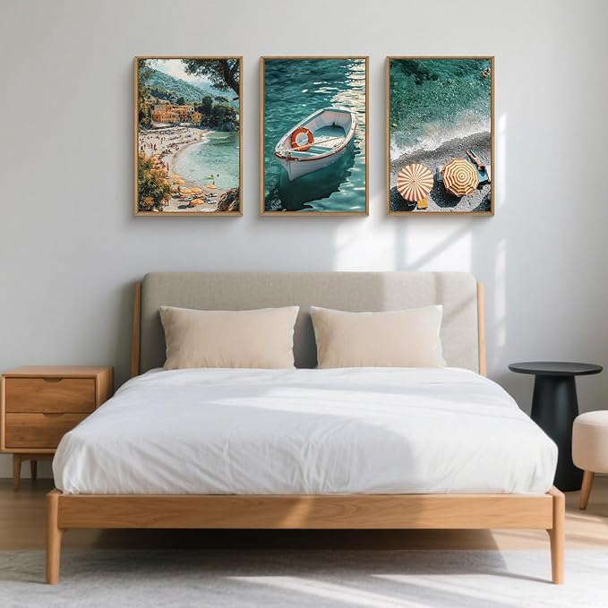Natural Coastal Ocean Framed Canvas Wall Art Set,Mediterranean Amalfi Blue Green Beach Seascape Decor,Modern Summer Seaside Boat & Umbrella Artwork for Living Room,Bedroom,Farmhouse- 16"x24"x3