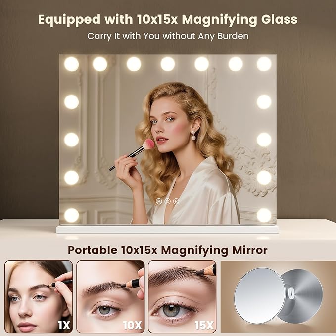 VESAUR Hollywood Vanity Mirror with Lights, Large Lighted Makeup Mirror with 15 Touch Dimmable LED Bulbs, 3 Colors,10X/15X Magnification, USB/Type-C Charging Port, Aluminum Frame, Tabletop/Wall Mount