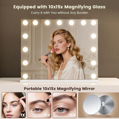 VESAUR Hollywood Vanity Mirror with Lights, Large Lighted Makeup Mirror with 15 Touch Dimmable LED Bulbs, 3 Colors,10X/15X Magnification, USB/Type-C Charging Port, Aluminum Frame, Tabletop/Wall Mount