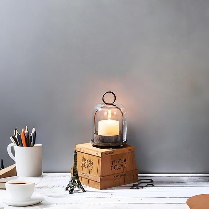 5"x7.5" Versatile Modern Metal Hurricane Lantern with Handmade Sturdy Glass Dome in Rustic Brown for 3" Pillar Candle & Plants, Industrial, Farmhouse, Shabby Chic (Brown, 5"x7.5" for 3" Pillar)