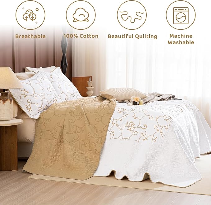 Sanracie Oversized King Quilt 128"x120",100% Cotton California King Bedspreads Extra Large Lightweight Embroidery Pattern Bedding Coverlet Set 3Pcs Gold and White Quilted Bedding Set All Season