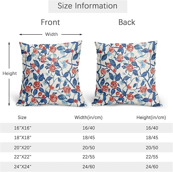 Valentines Day Pillow Covers 20x20 Set of 2 Blue Red Floral Throw Pillow Covers Flower Pillowcase Linen Decoration Farmhouse Holiday Cozy Soft Cushion Case Couch for Indoor Outdoor Home Decor